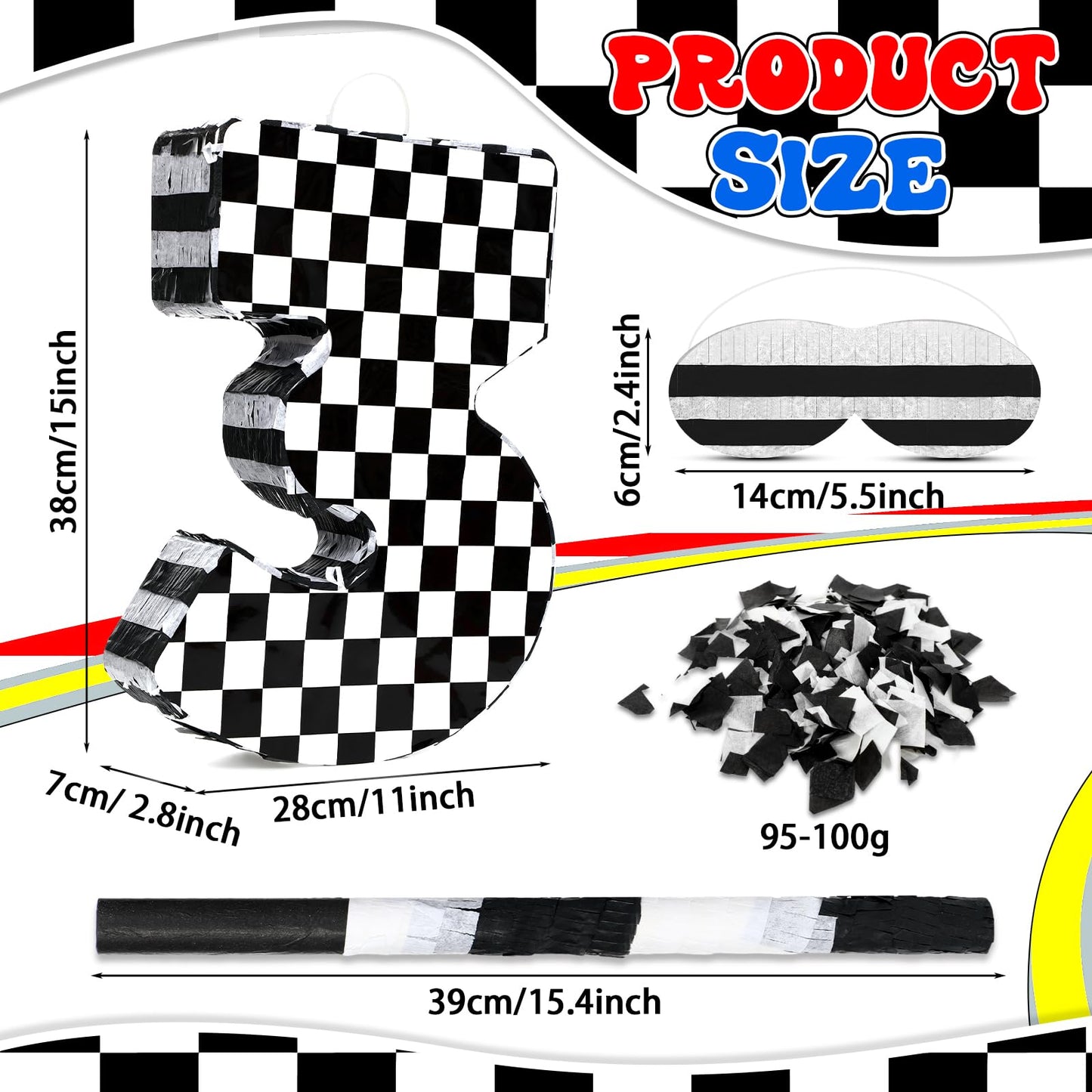 Lewtemi Race Car Number Piata Small Checkered Race Car Birthday Party Decoration Black and White Racing Piata with Stick Confett