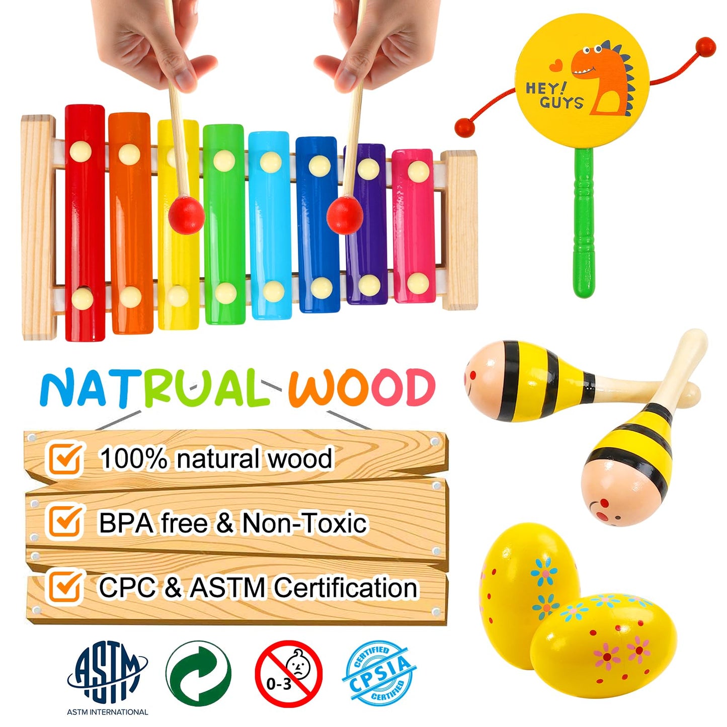 Raimy Kids Musical Instruments Set - Wooden Percussion Instruments Toy For Toddler Baby, Preschool Educational Music Toys For Boys And Girls With Carrying Bag (Yellow)