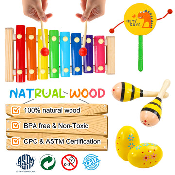 Raimy Kids Musical Instruments Set - Wooden Percussion Instruments Toy For Toddler Baby, Preschool Educational Music Toys For Boys And Girls With Carrying Bag (Yellow)
