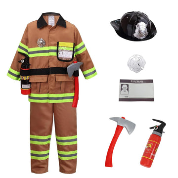 Yolsun Tan Fireman Costume For Kids, Boys' And Girls' Firefighter Dress Up (7 Pcs) 8-9 Years