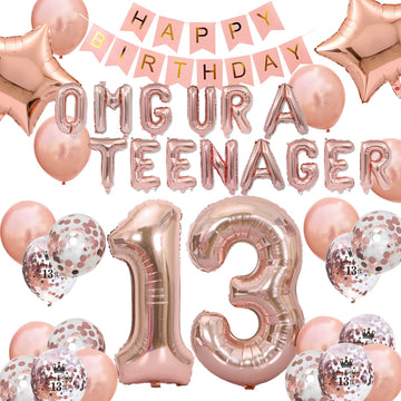 Rose Gold Omg Ur A Teenager 13Th Birthday Decorations For Girls, Happy 13Th Birthday Banner Number 13 Foil Balloons For Official