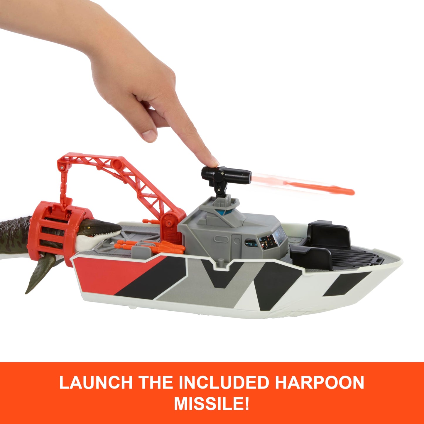 Matchbox Jurassic World Dino Boat Playset with Mosasaurus, Die-Cast Jeep, and Rescue Boat, 14.6" Multicolor, Model JGG61