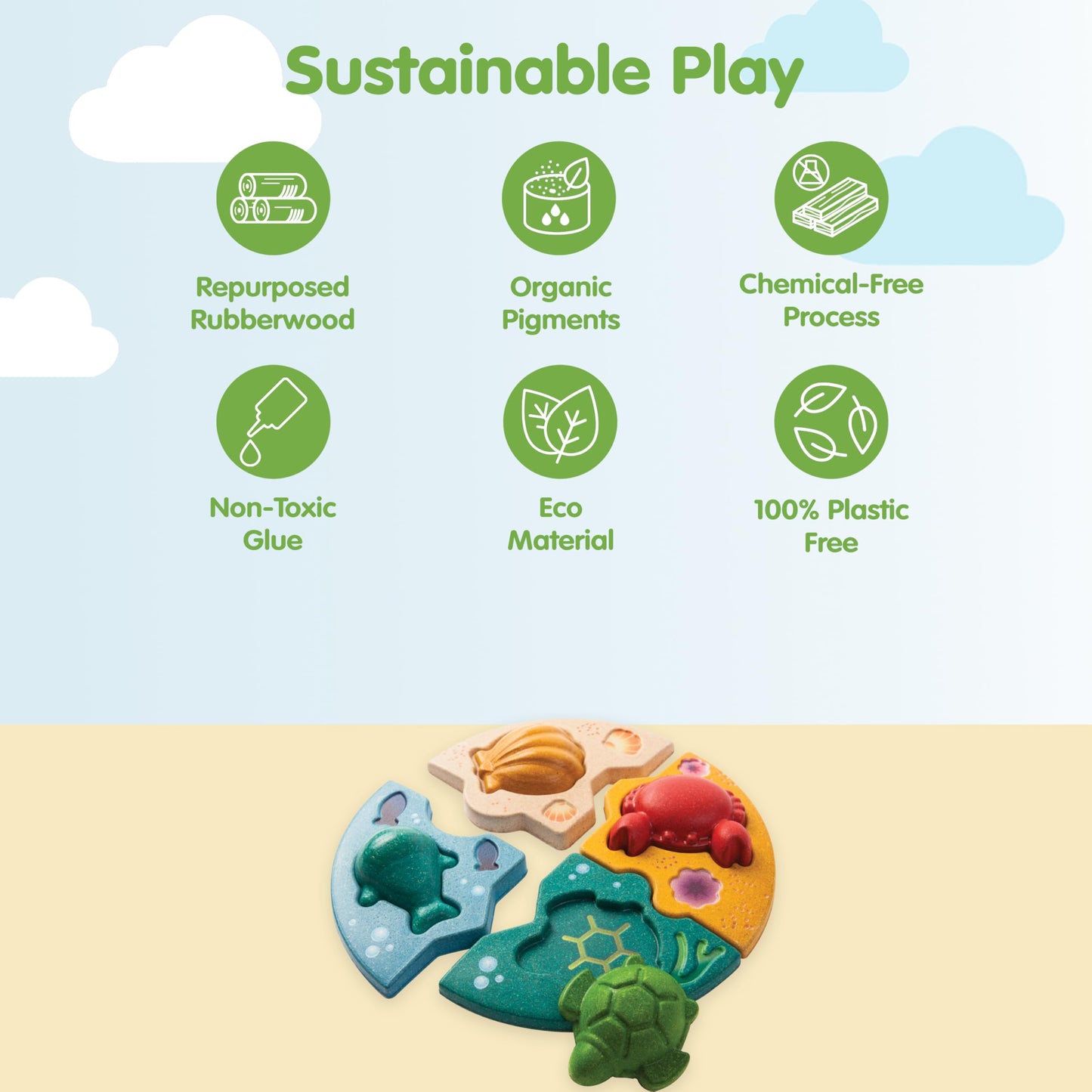 PlanToys Marine Puzzle - Wooden Ocean Animal Toy, Eco-Friendly, 8 Pieces, 8.66 x 8.66 inches, Montessori Early Learning Activity