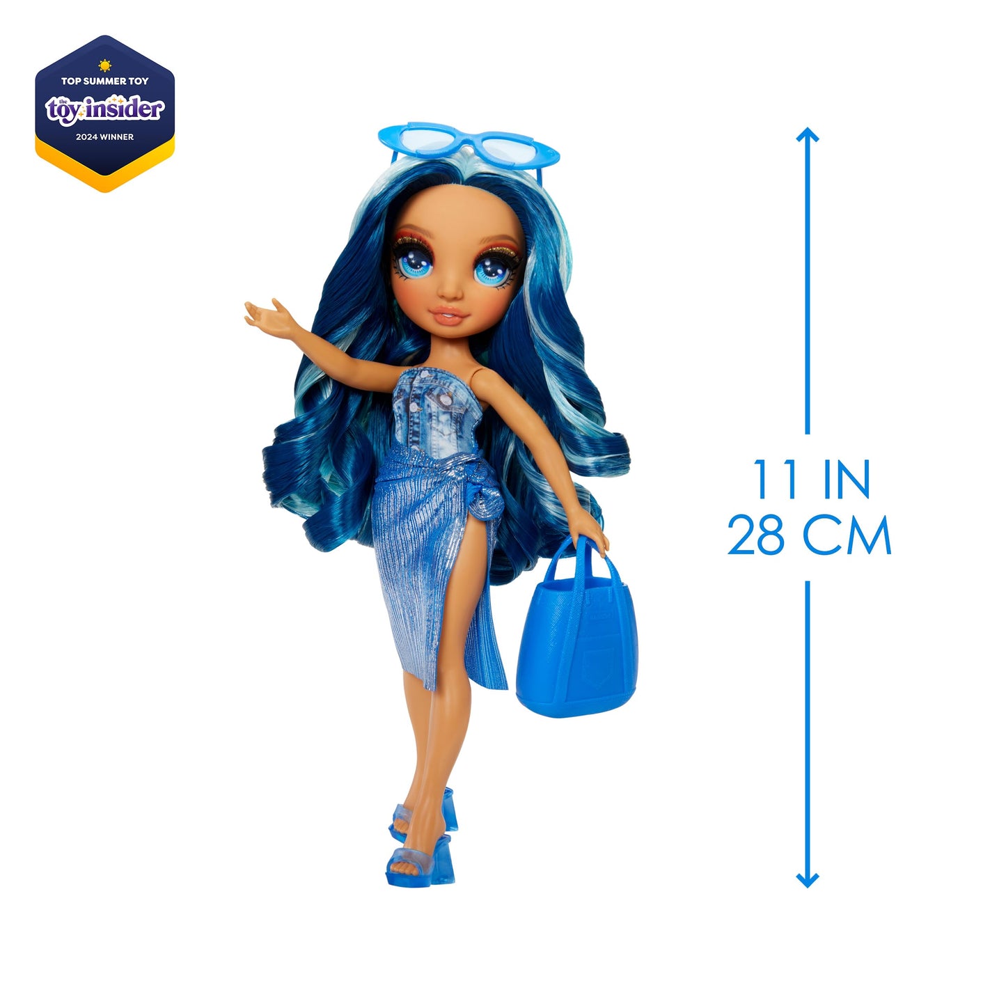 Rainbow High Swim & Style Skyler, Blue 11' Fashion Doll With Shimmery Wrap To Style 10+ Ways, Removable Swimsuit, Sandals, Fun Play Accessories, Great Toy Gift For Girls Kids Ages 4-12 Years