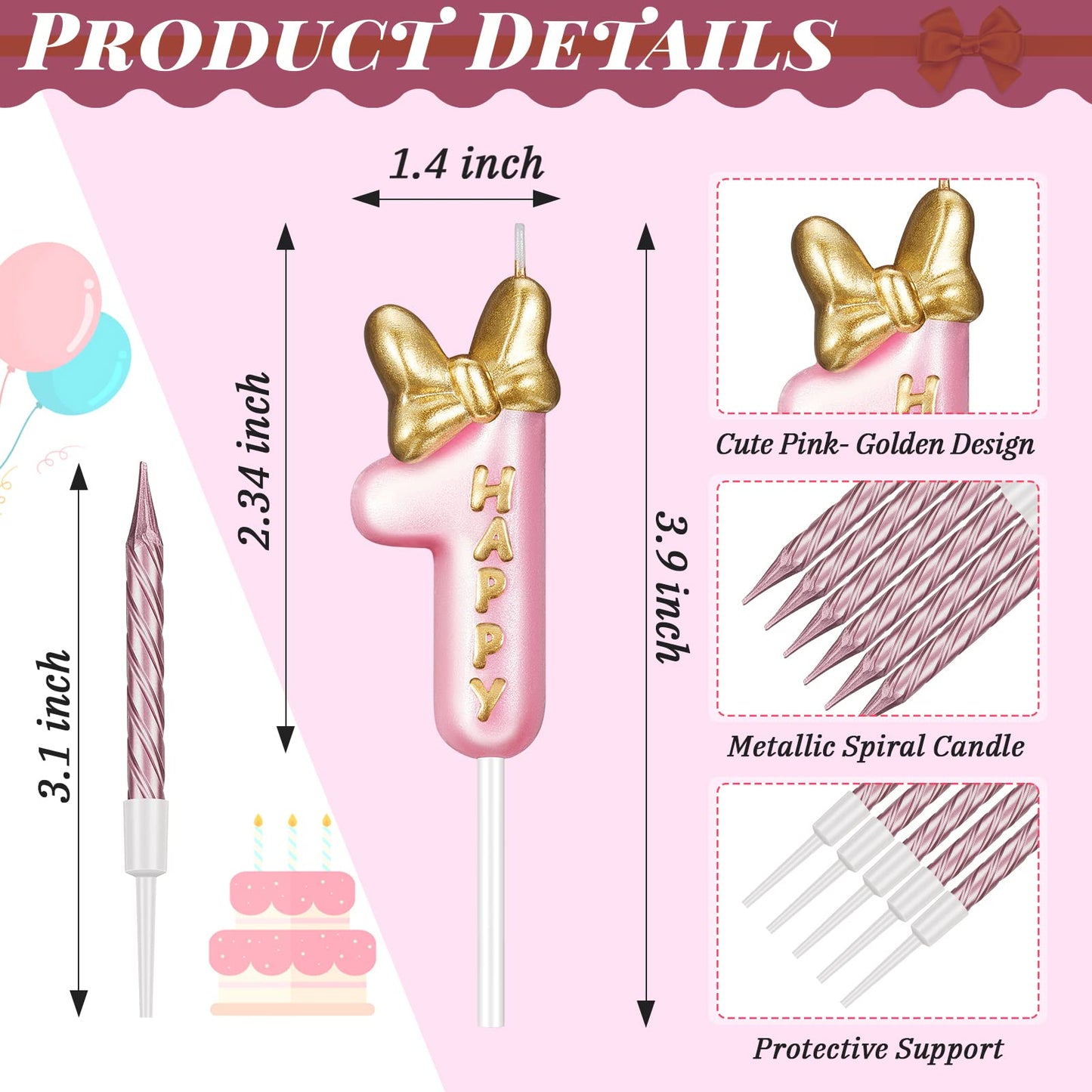 BBTO Number 1 Birthday Candle Pink Birthday Candle Girl with 10 Pieces Pink Candles Long Thin Cupcake Candles in Holders for Cak