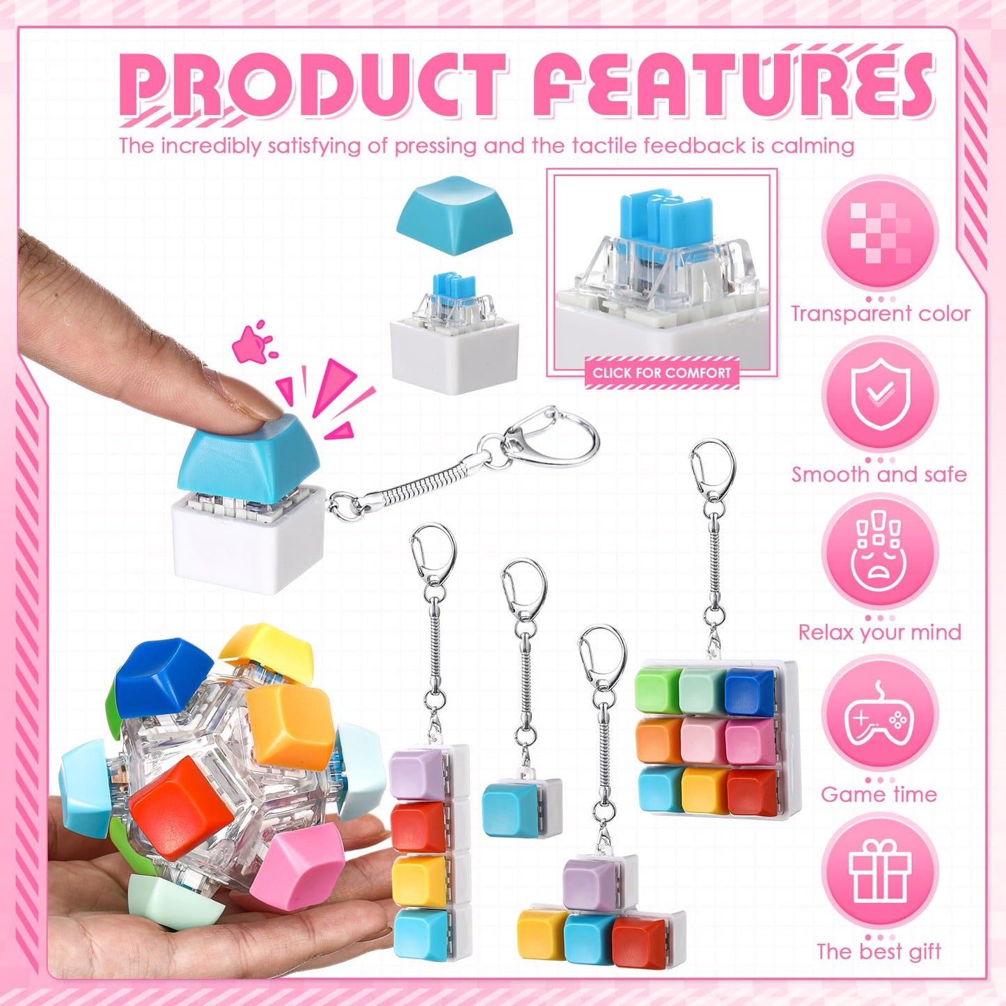 Halloscume 5 Pcs Keyboard mature-themed Fidget Toy Clicker Toy in 5 Styles Keyboard Fidget Keychain Cube Mechanical Key Button Clicker Stress Relief Gift for Office Home Pass Time(Candy Colors)