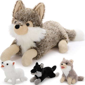 Beniny 4Pcs Wolf Stuffed Animals Set, Grey Mommy Wolf Plush 20 Inch With 3 Baby Wolves, Realistic Wolf Toys For Wolf Lover Party