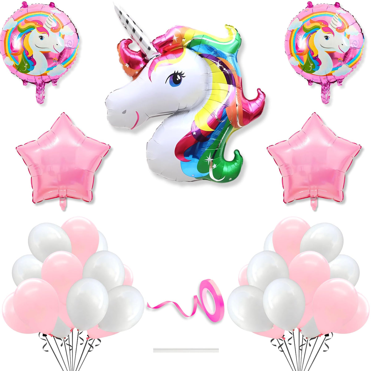 Flyloons Metallic Unicorn Theme Birthday Decoration Kit Pink White for Baby Boys Girls Kids 5 Pcs Unicorn Theme 30 Pcs Pastel Ba