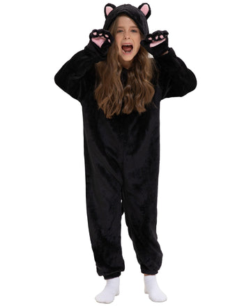 Cat Costume For Kids Cat Noir Costume Girls Onesie Black Cat Costume Child Halloween Cosplay Outfits (Black Cat, Medium)