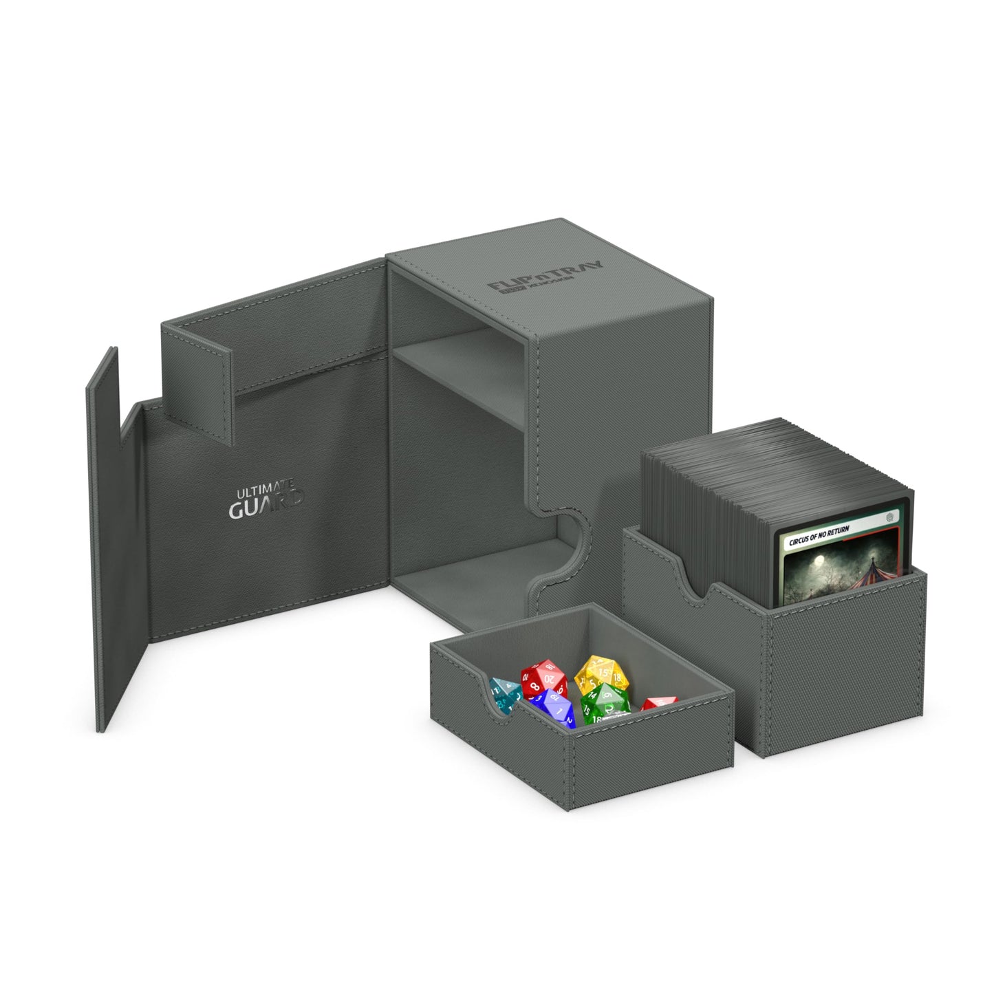 Ultimate Guard Flip'n'Tray 133+, Deck Case for 133 Double-Sleeved TCG Cards + Dice Tray, Grey, Independent Magnetic Closure & Mi
