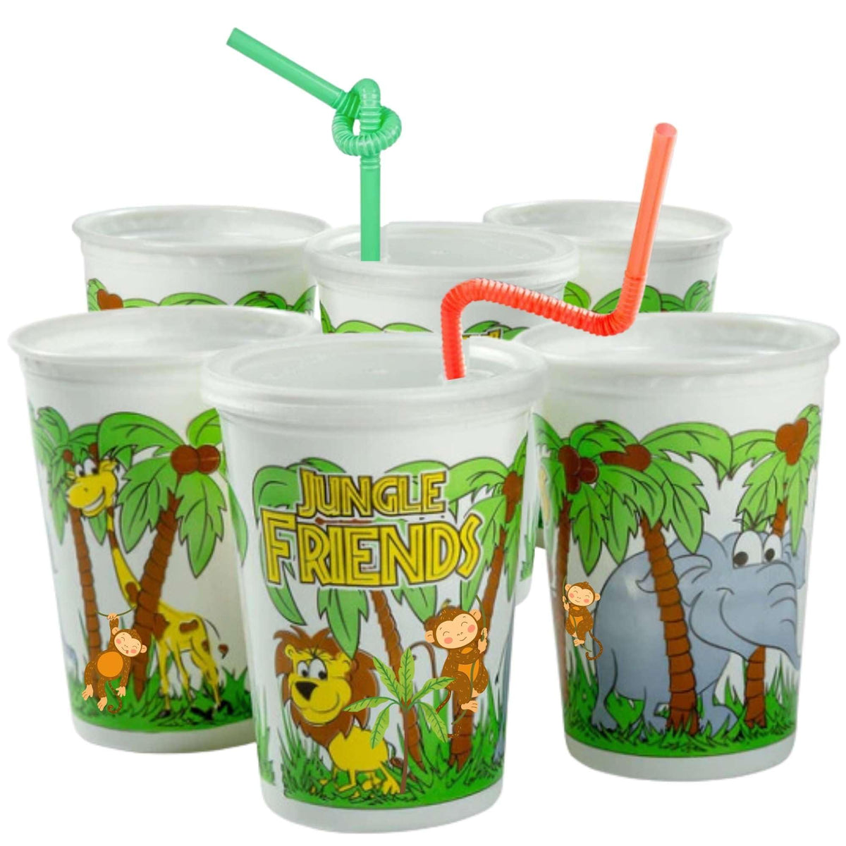 50 PACK 12 oz. Jungle Friends Theme Thermo Cups With Straws and Lids For Cafe, Hotel Motel Room, takeout box, airbnb host Jungle