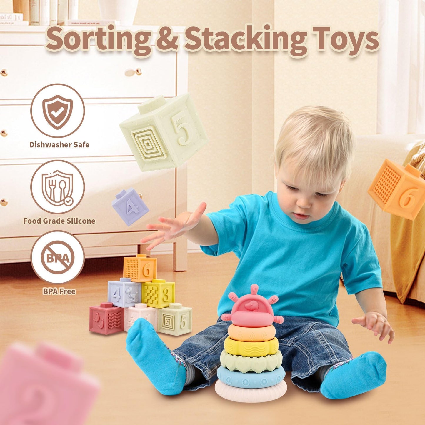 LUCKFUTURE Montessori Baby Toy Set, 8-in-1 Educational Sensory Toys for 6-18 Months, Silicone, Ideal Gifts for Boys & Girls