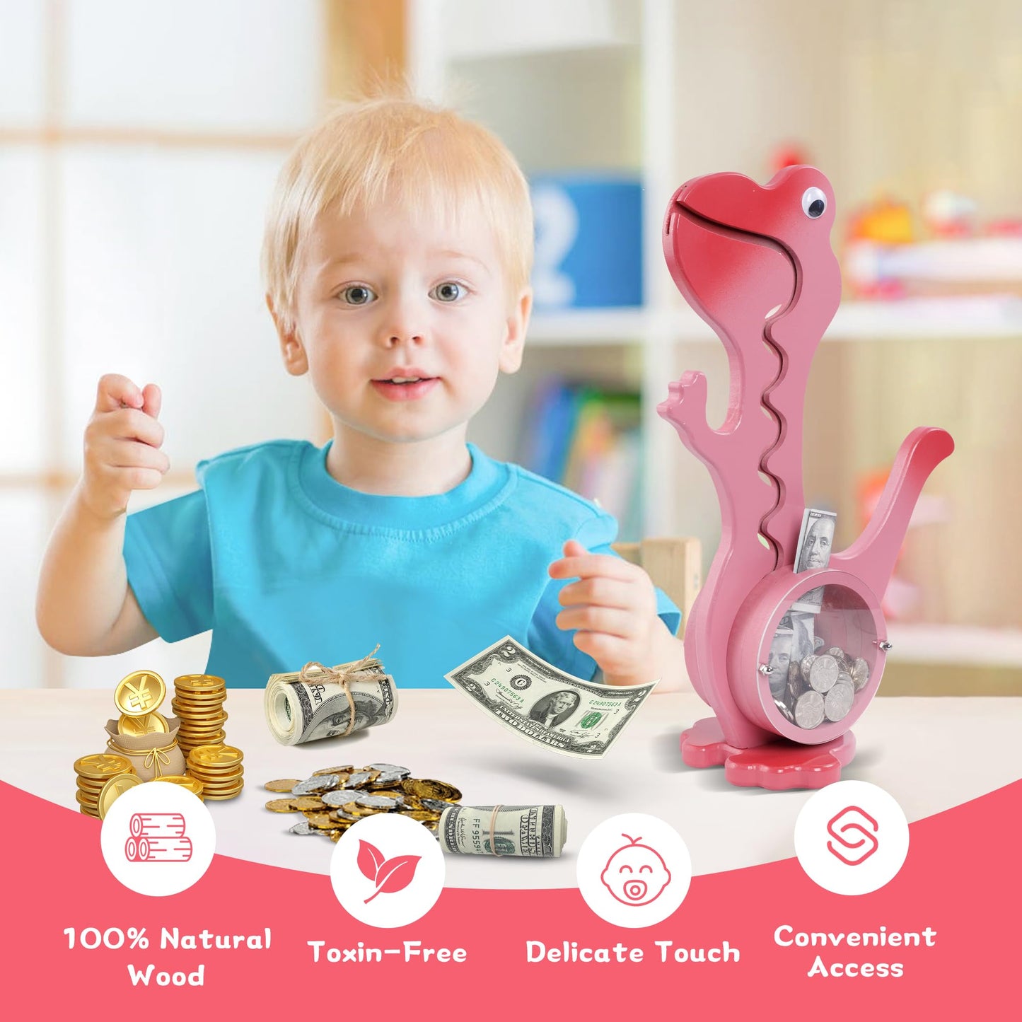 squacco Dinosaur Piggy Bank Boalord for Girls Boys Kids Big Animal Personalized Wooden Coin Bank Money Saving Box for Children mature-themed Best Toy Gift(Dino -Pink)