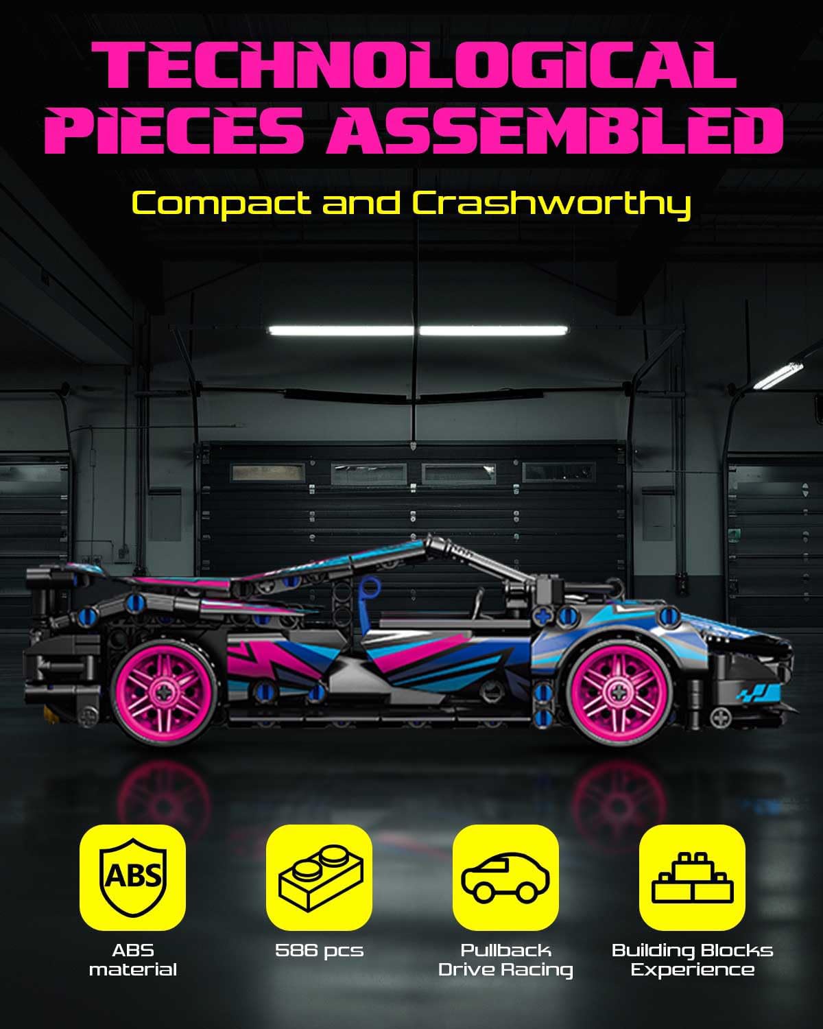 Sosuy Building Block Race Car Set, 513 Pcs DIY Model Kit, Cyberpunk Color, 14x25x7.5 cm, Pull-Back Toy for Kids 6+
