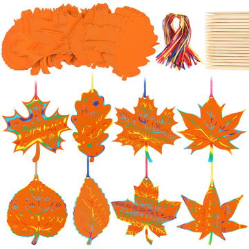 Frienda 80 Sets Fall Crafts Thanksgiving Scratch Crafts Colorful Color Scratch Maple Leaves Art Thanksgiving Arts and Craft for 