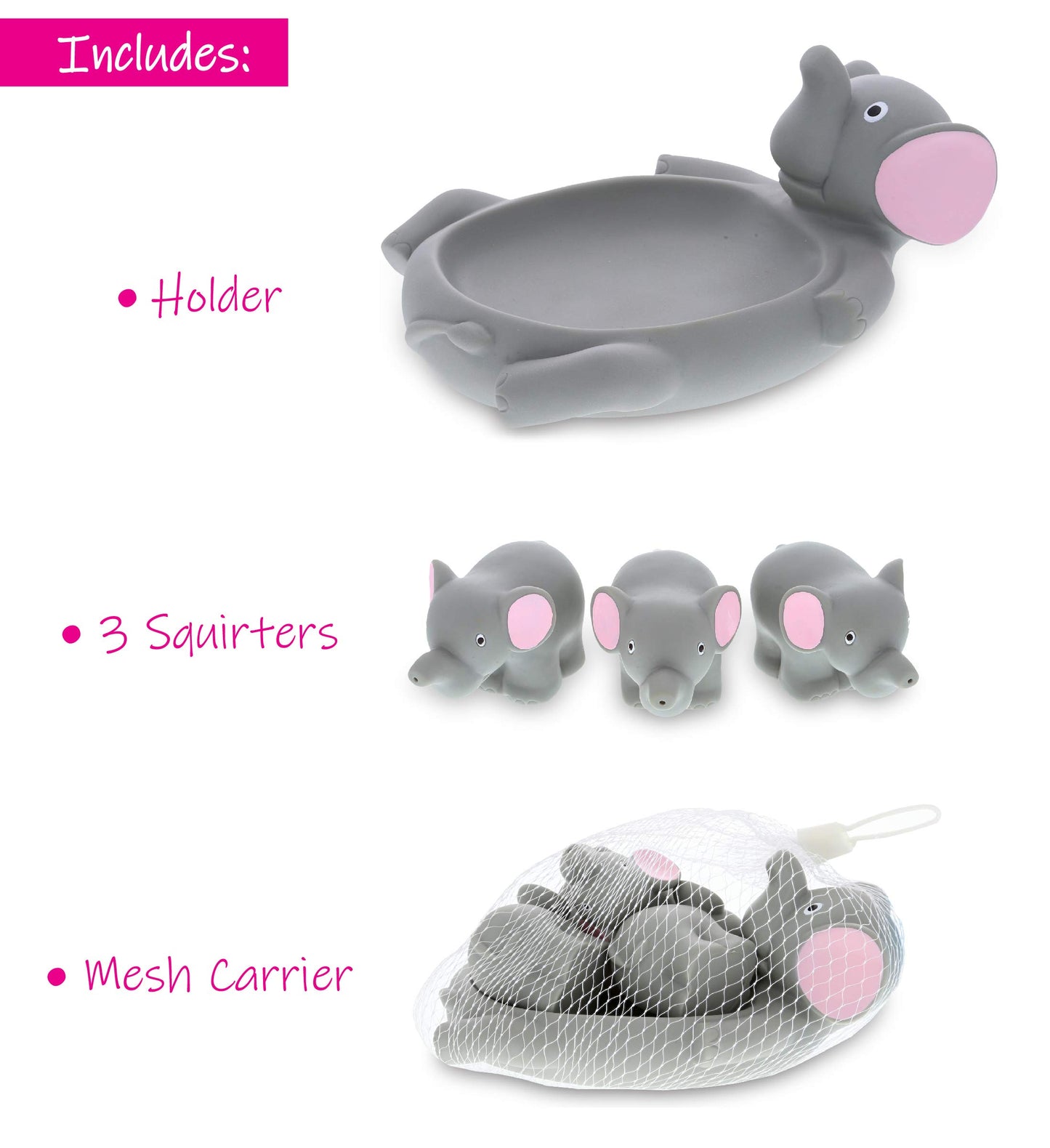 Dollibu Elephant Family Animal Bath Squirters 4 Piece Bath Toy Set, Children Bath Toys For Bathtime & Water Fun, Girls & Boys Floating Rubber Squirt Toys, Pool Toys For Kids - Gray Elephant