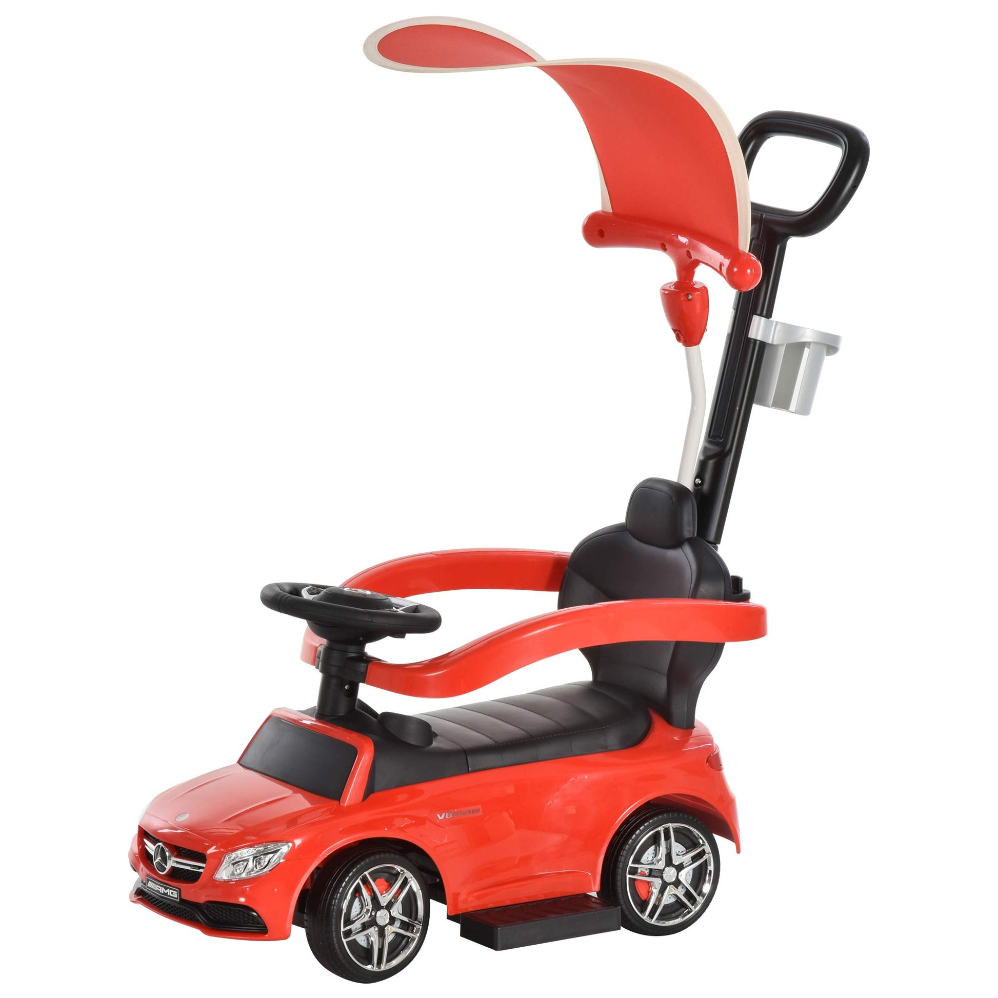 Aosom Mercedes-AMG C63 Licensed Ride on Push Cars for Toddlers, Sliding Walking Car with Sun Canopy, Horn, Music, Safety Bar, Cu