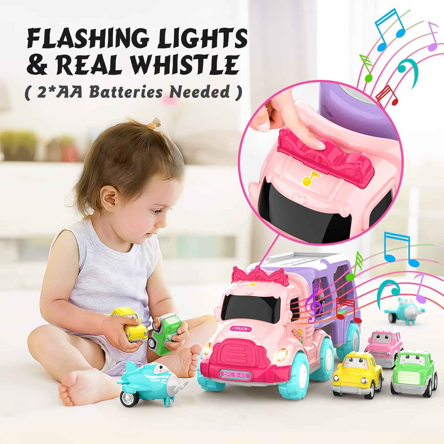 LASCOTON 5-in-1 Carrier Truck for Toddler Girl, Friction Power Toy Cars, Light & Sound, Pink, Ideal for Ages 1-3, Great Birthday Gift