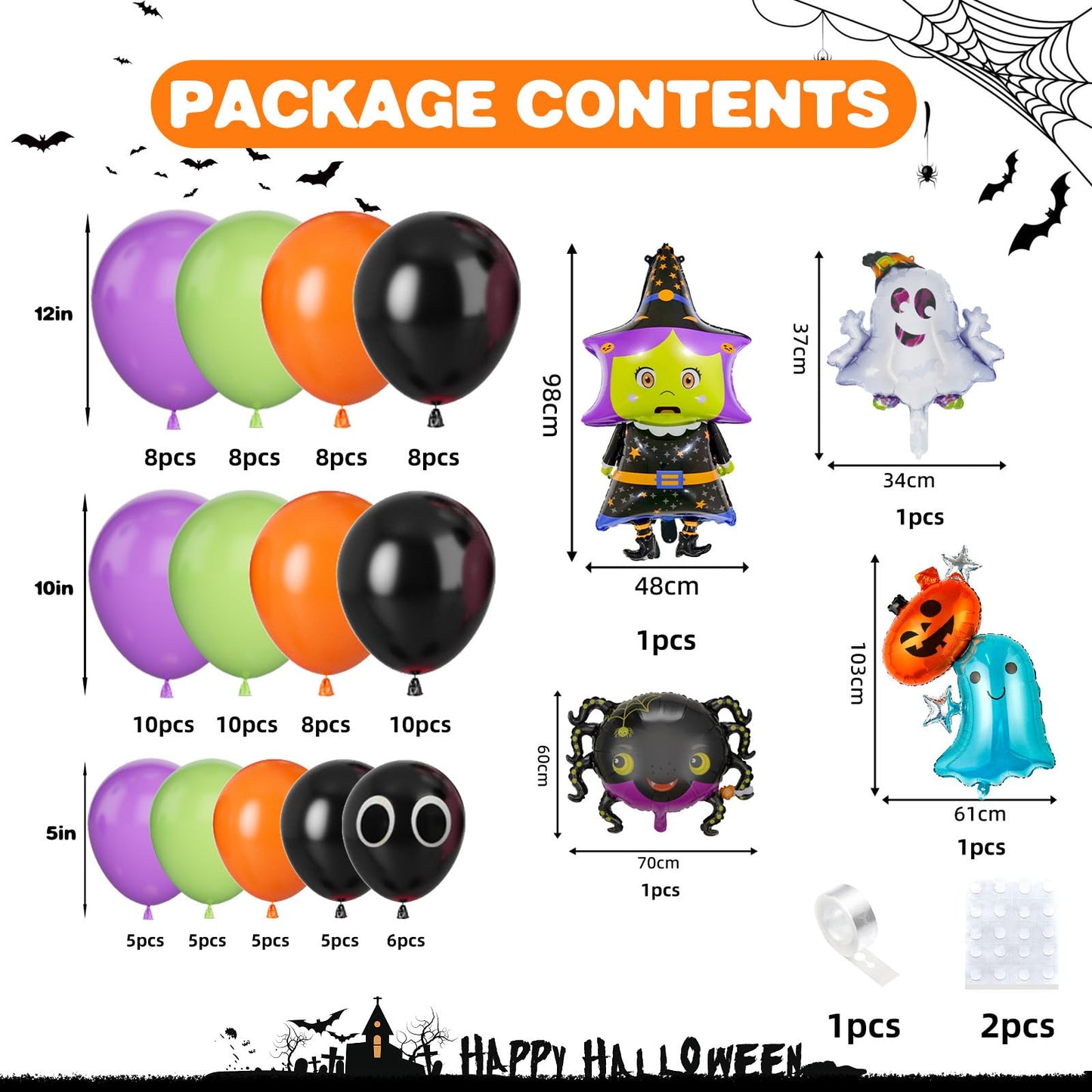 Halloween Balloon Arch Kit, 100 Pcs Purple Green Orange Halloween Balloons, Spider Pumpkin Witch Balloon Foil, Eye Black Orange