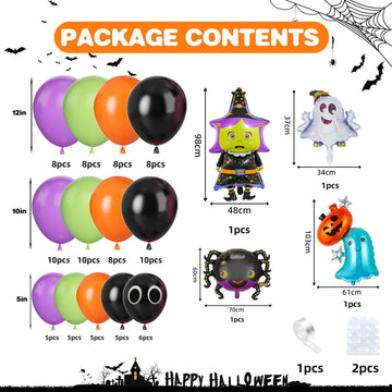 Halloween Balloon Arch Kit, 100 Pcs Purple Green Orange Halloween Balloons, Spider Pumpkin Witch Balloon Foil, Eye Black Orange