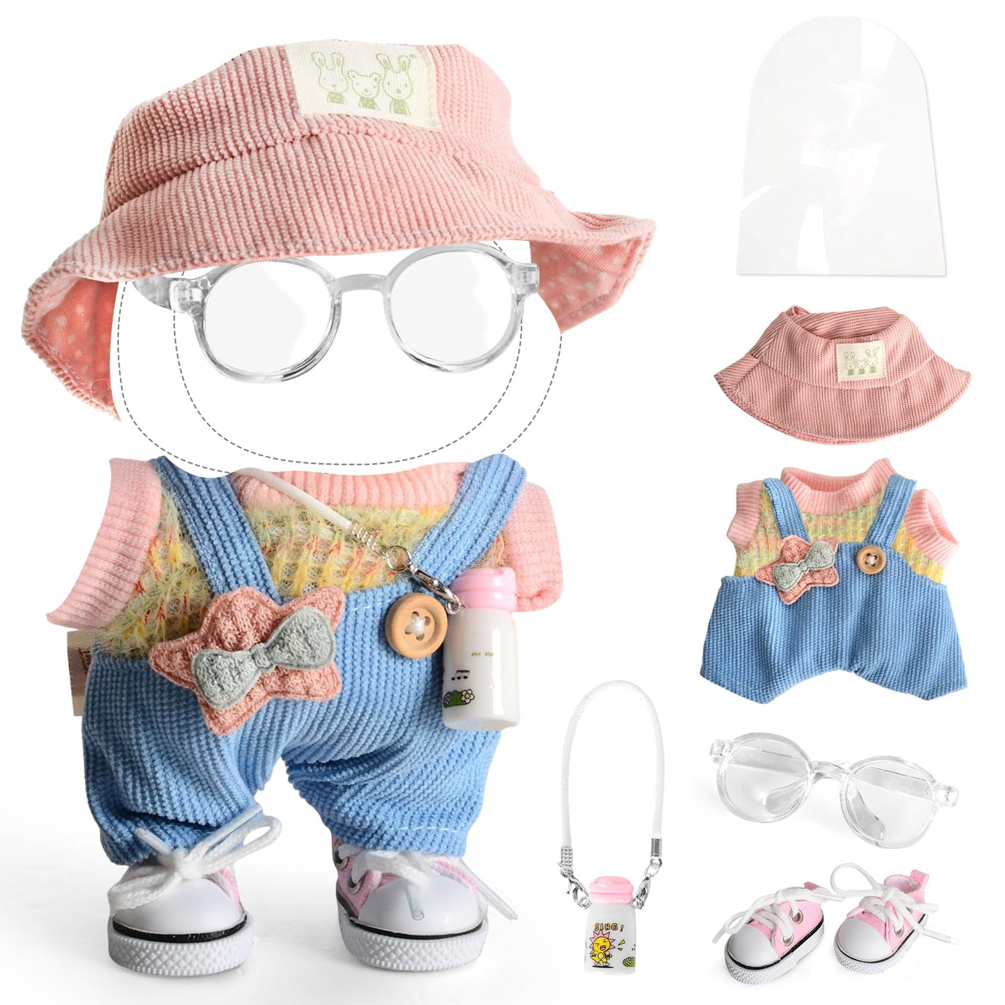 7 Pcs Clothes for Popular Dolls - 17cm - Pink Sweater + Overall + Pink Hat + Glasses + Shoes + Kettle + Rainproof Bag- enhanced Doll Outfit Accessories for Play & Display (No Doll)