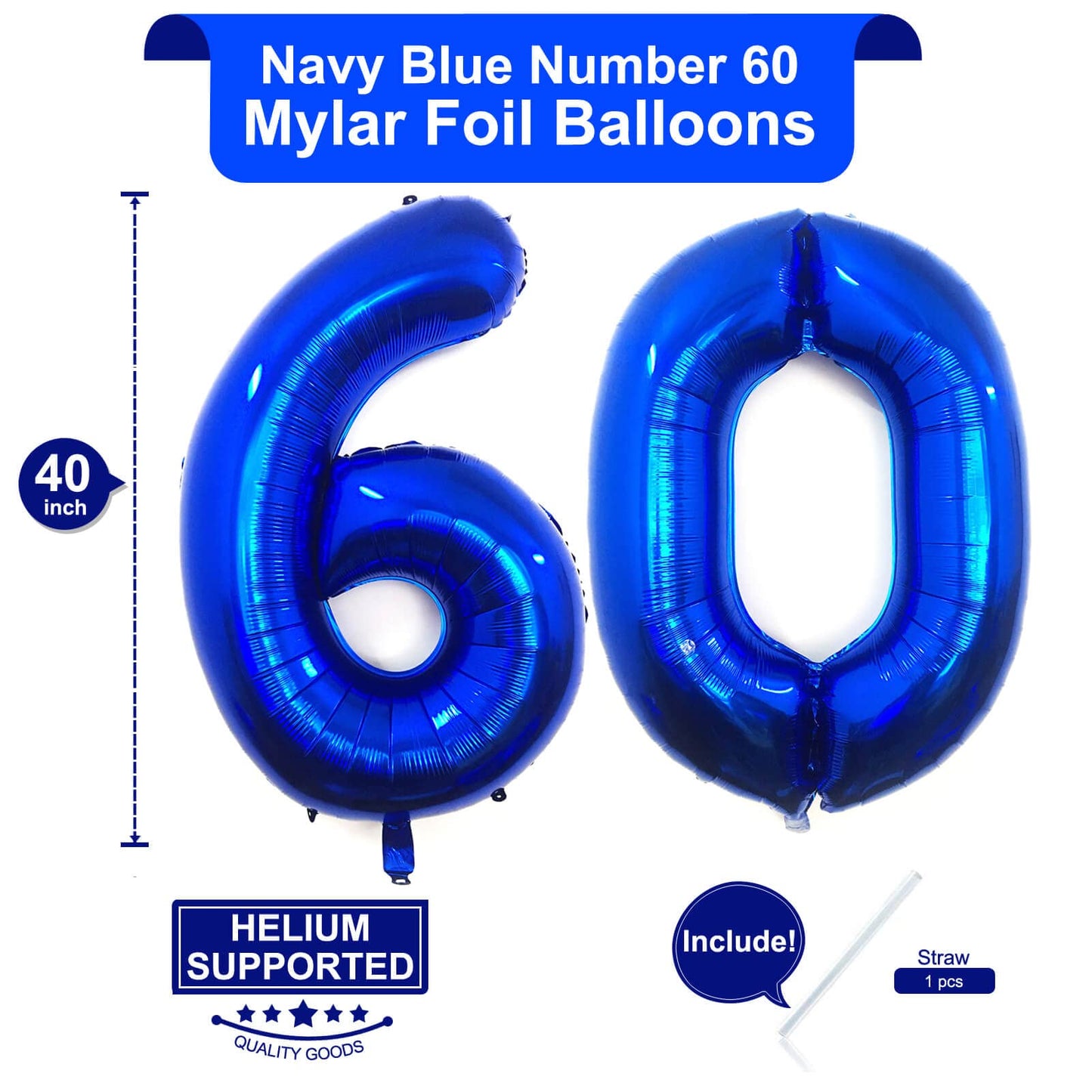 40 Inch Navy Blue 60 Number Balloons Giant Jumbo Huge 60 Foil Mylar Helium Number Digital Balloons Dark Blue Birthday Mylar Digi