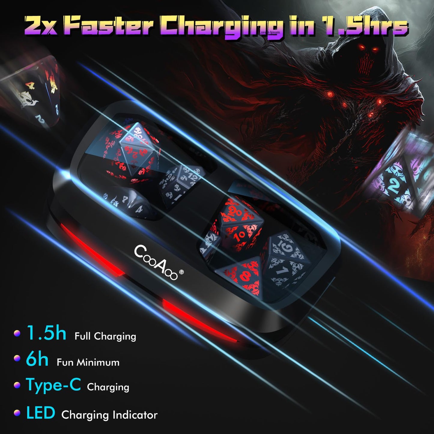 CooAoo Light Up DND Dice Set, Wireless Rechargeable Glowing Dice with Charging Box, 7 PCS Electronic Dice Set, LED RGB Polyhedra