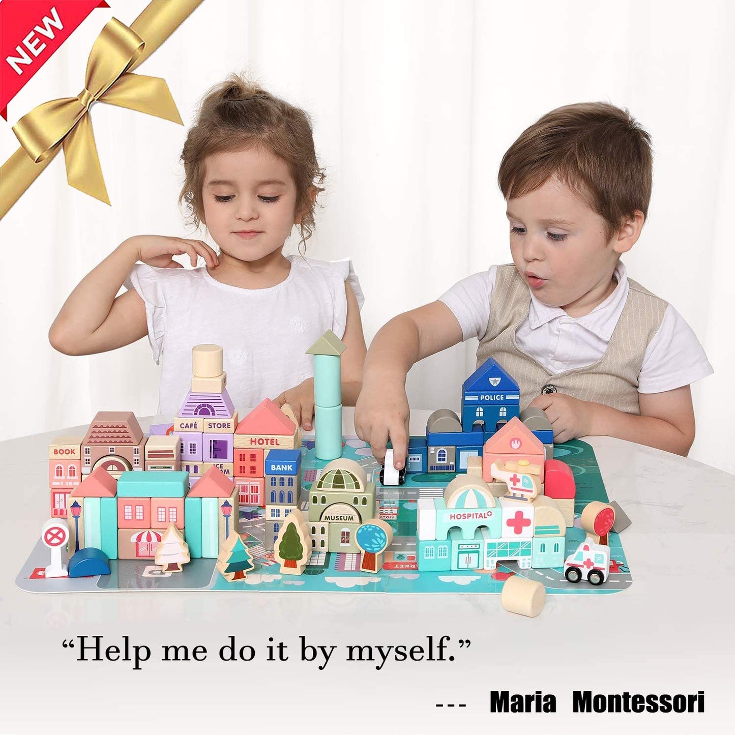 Wooden Building Blocks Set, City Construction Stacker Stacking Preschool Learning Educational Toys, Toddler Toys For 3+ Year Old Boy And Girl Gifts