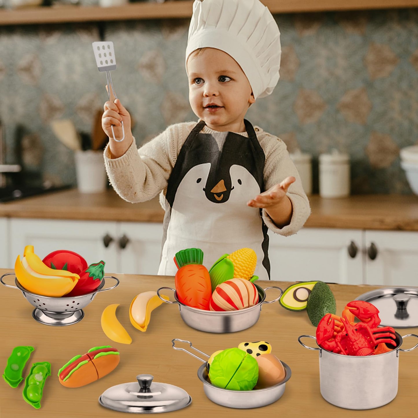 12Pcs Kids Pots and Pans Playset, Pretend Play Kitchen Set Toy Stainless Steel Pots and Pans Cooking Toys Accessories for Kids T