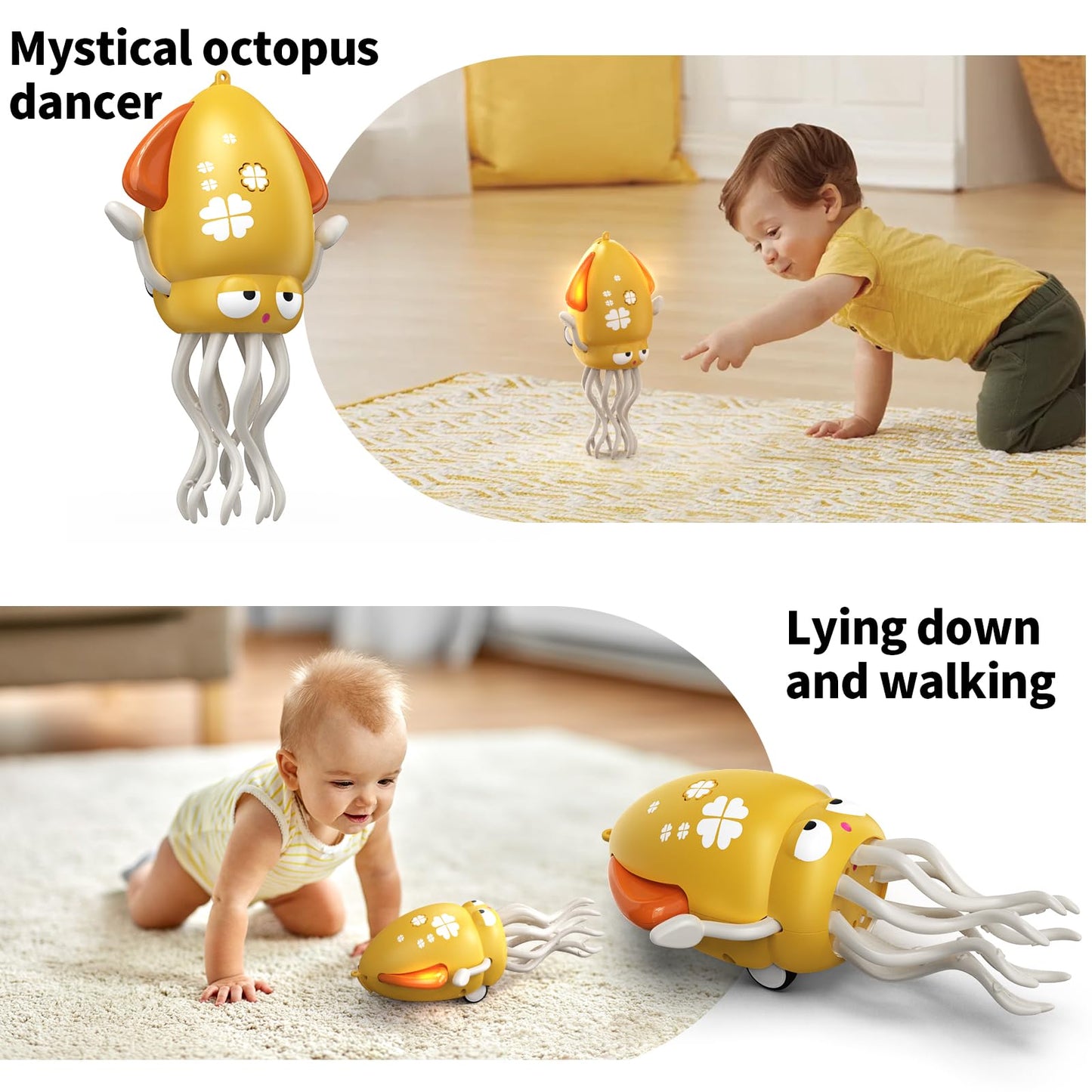 SWTOIPIG Electric Dancing Octopus Toy with Led Light and Music  Kids Electric Crawling Octopus Tummy Time Toys  Rechargeable Interactive Sensory Toy  for Christmas Birthday Gift(Yellow)