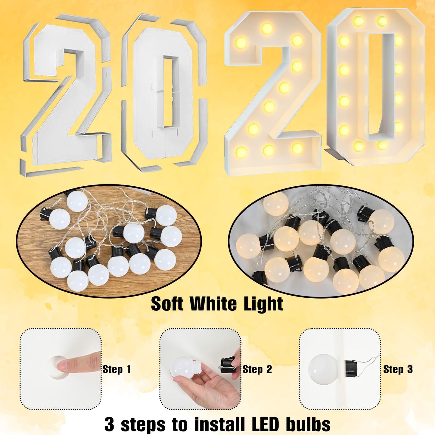 4Ft Light Up Numbers 20 Mosaic Numbers Marquee Frame For 20Th Birthday Party Large Cardboard With Lights Pre-Cut Kit Cut-Out Thick Foam Board Sign Diy Decorations For Anniversary New Year Graduations