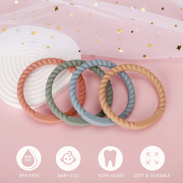 Socub Silicone Baby Teether Toy, 4 Pack Bpa Free Soft Silicone Teether Bracelets For 3+Month Babies, Wearable As Bracelets, Baby Chew Toy (Sand/Light Grey/Dusty Lilac/Power Rose)