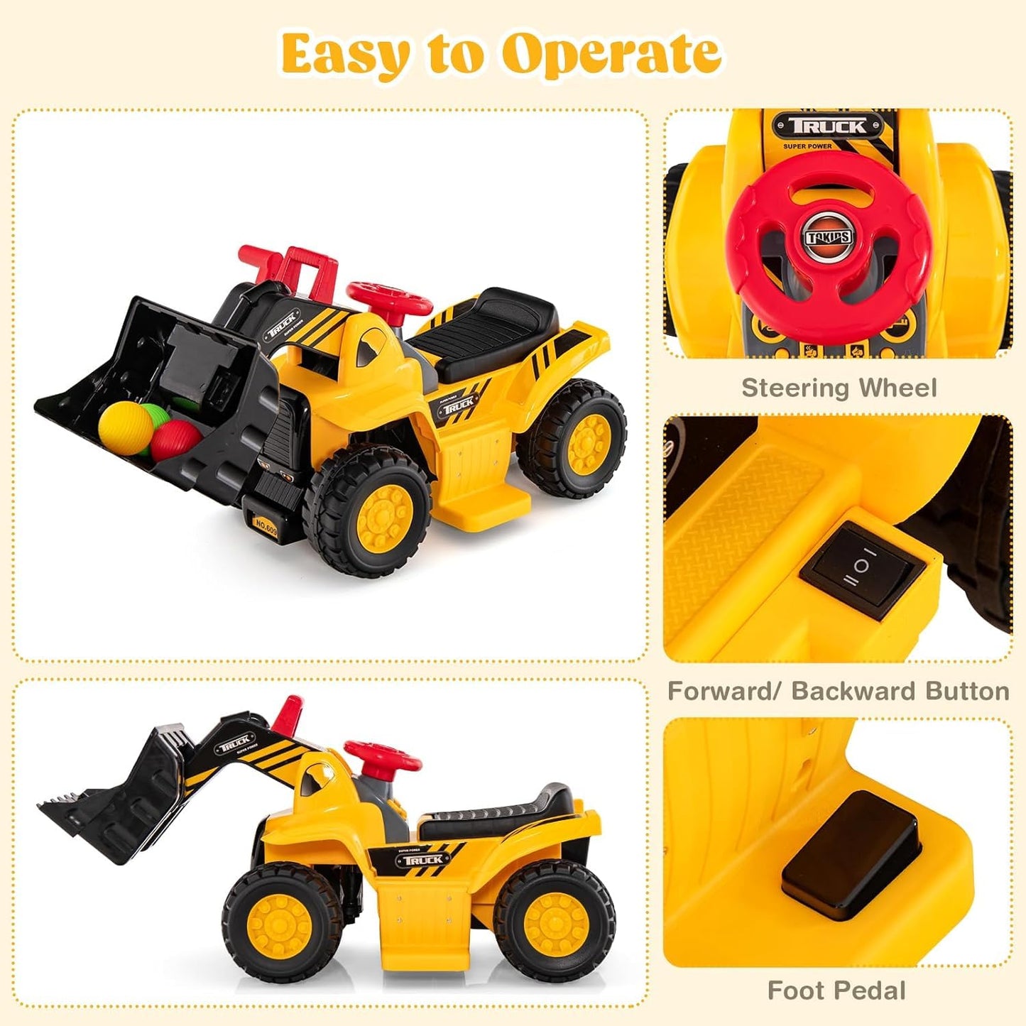 Costzon 2-in-1 Ride on Excavator Bulldozer, 6V Electric Excavator Ride on Toy with 3 Balls & Basketball Hoop, Adjustable Bucket,