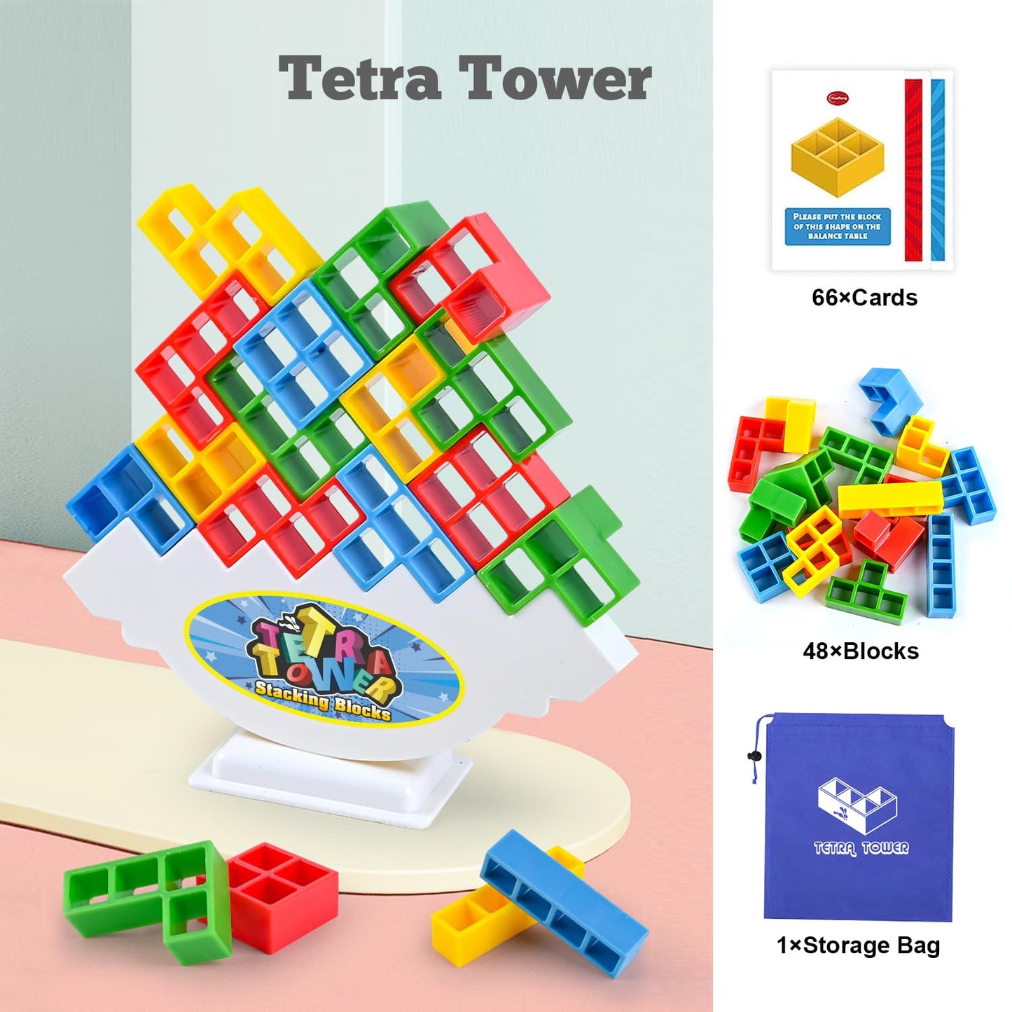 Sylmifoi Tetra Balancing Stacking Tower Toys - 48PCS Plastic Game for Kids & Adults, Team Building, Blue/Red/Green/Yellow, Storage Bag Included