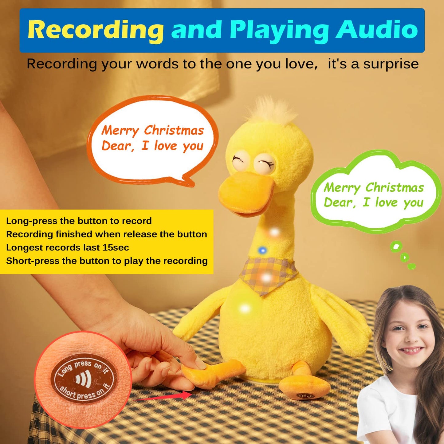 13' Talking Dancing Duck, Repeating What You Say Mimicking Recording Plush Baby Toy Musical English Song Singing Talking Glowing Animated Twisting Gift Of Lighting Up Toy For Boy Kid