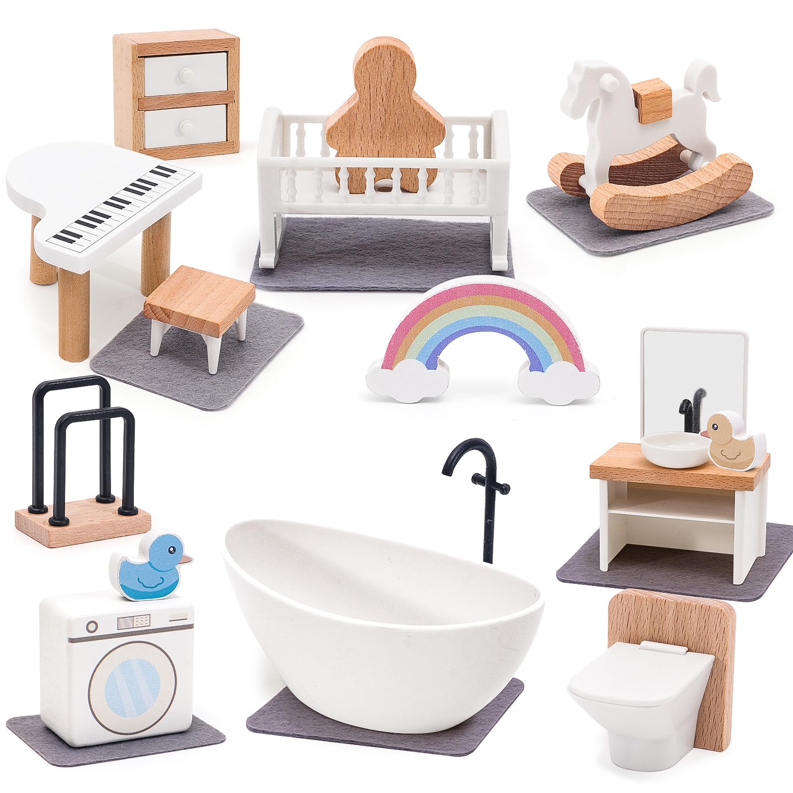 HAPGFS Wooden Dollhouse Furniture Set Elegant Kids Room & Bathroom Doll House Accessories  enhanced Wood Toys for 3-6 Year Olds  Dollhouse Decor Set for Girls & Boys Birthday Christmas