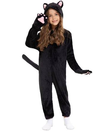 Cat Costume Kids Halloween Animal Onesie For Girls Boys(Black Cat, X-Small(3-4 Years))