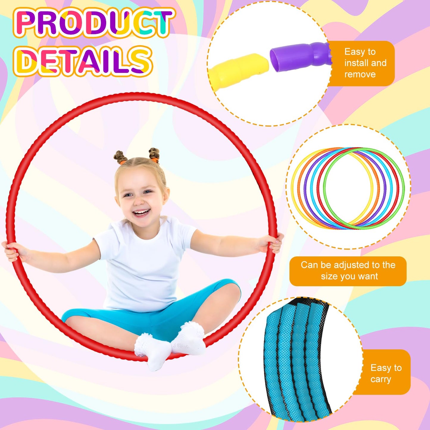 Sratte 6 Pcs Exercise Hoop Detachable Adjustable Plastic Hoops Snap Together Toy Hoop Color Playground Toys For Girls And Boys Party Games, Sports, Exercise, Dog Training (Stylish Colors,28 Inch)