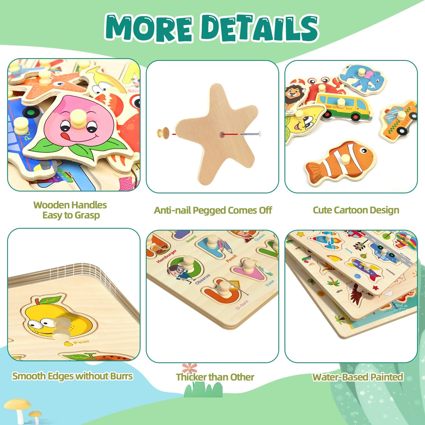 Edutree Wooden Peg Puzzles For Toddlers 1 2 3 4, 6 Pack Educational Peg Puzzles Montessori Toys, Learning Puzzles For Kids Girs