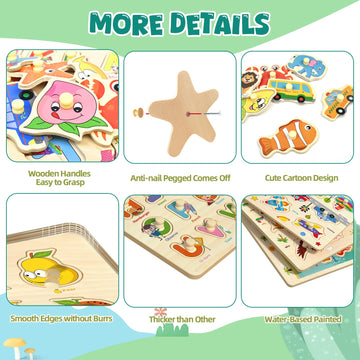 Edutree Wooden Peg Puzzles For Toddlers 1 2 3 4, 6 Pack Educational Peg Puzzles Montessori Toys, Learning Puzzles For Kids Girs