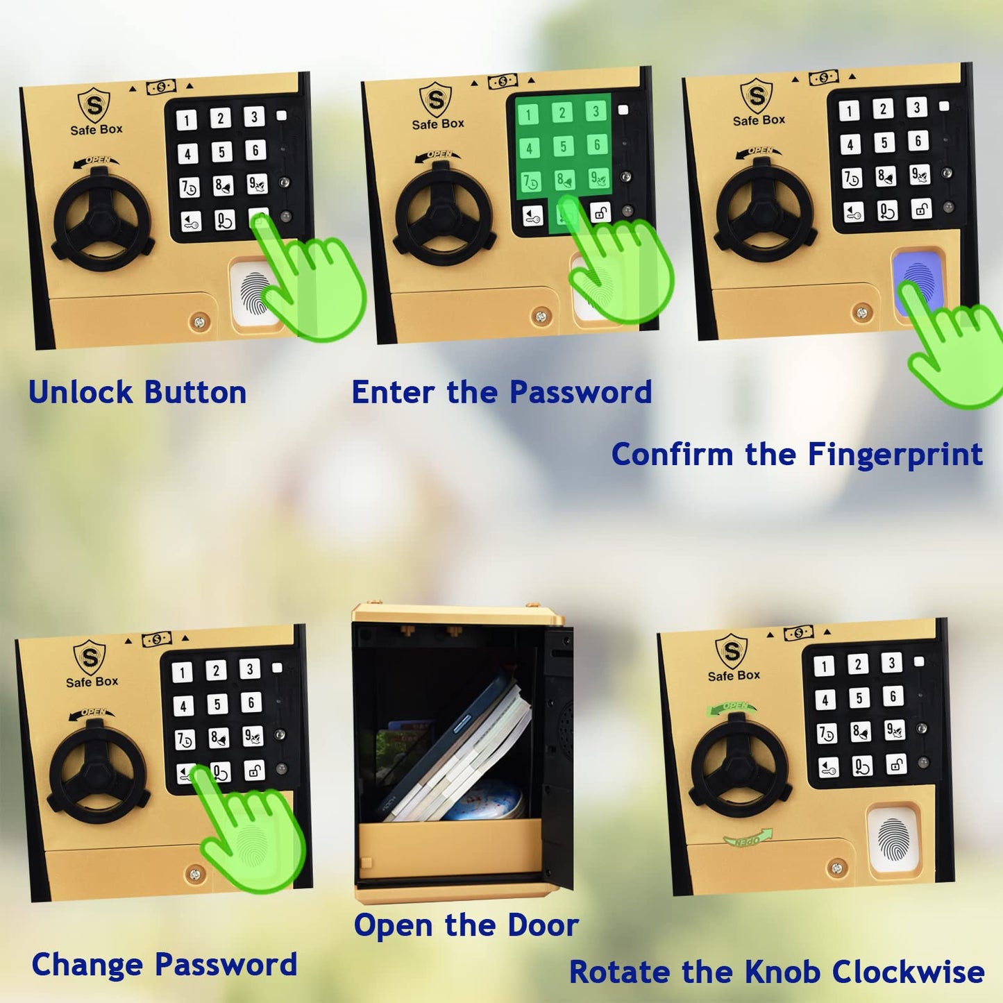 Litpggy Kids Safe ATM Piggy Bank - Fingerprint Password, Talking Feature, Golden, 5.31x5.2x7.52 inches, Model LT-G982