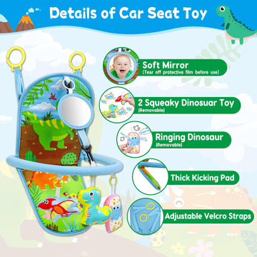 Okooko Car Seat Toy Car Seat Activity Arch Toy Rear Facing Car Seat Toy With Mirror Squeaker Ringing Bell Adjustable Easy Drive Non-Toxic Travel Sensory Toy For Infant Baby 6-12 Month