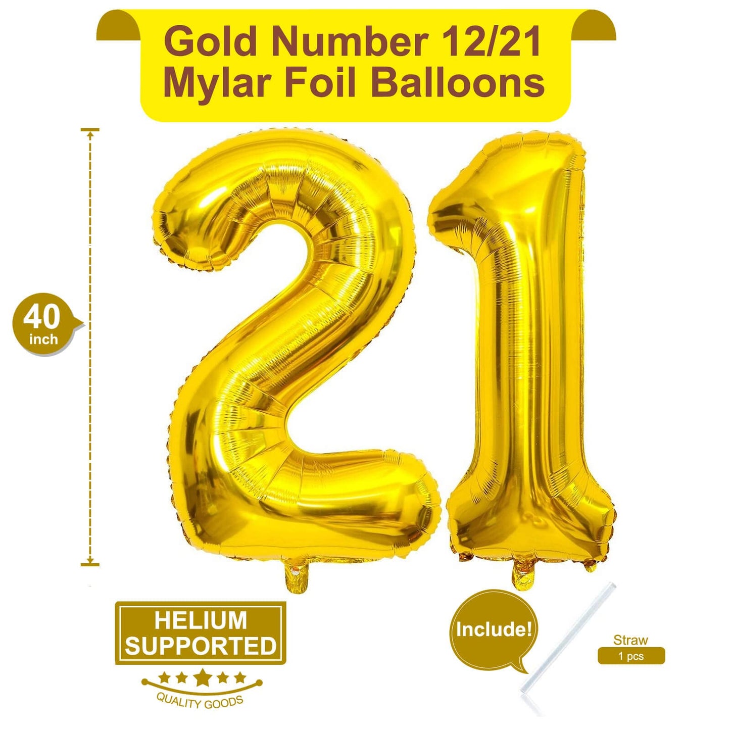 LHOAVWE 40 Inch Gold 21 Number Balloons - Jumbo Mylar Foil for 12th & 21st Birthday Party Decorations