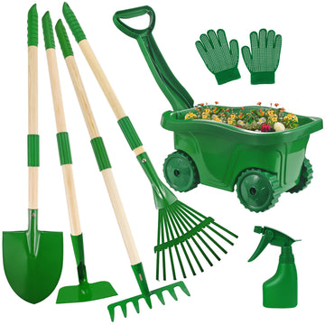 Duckura Kids Gardening Tools Set - 7Pcs Wheelbarrow Set For Kids With Shovel, Rake, Leaf Rake, Summer Outdoor Yard Digging Weed Toys, Easter Birthday Gifts For Boys Girls Age 3 4 5 Years Old(Green)