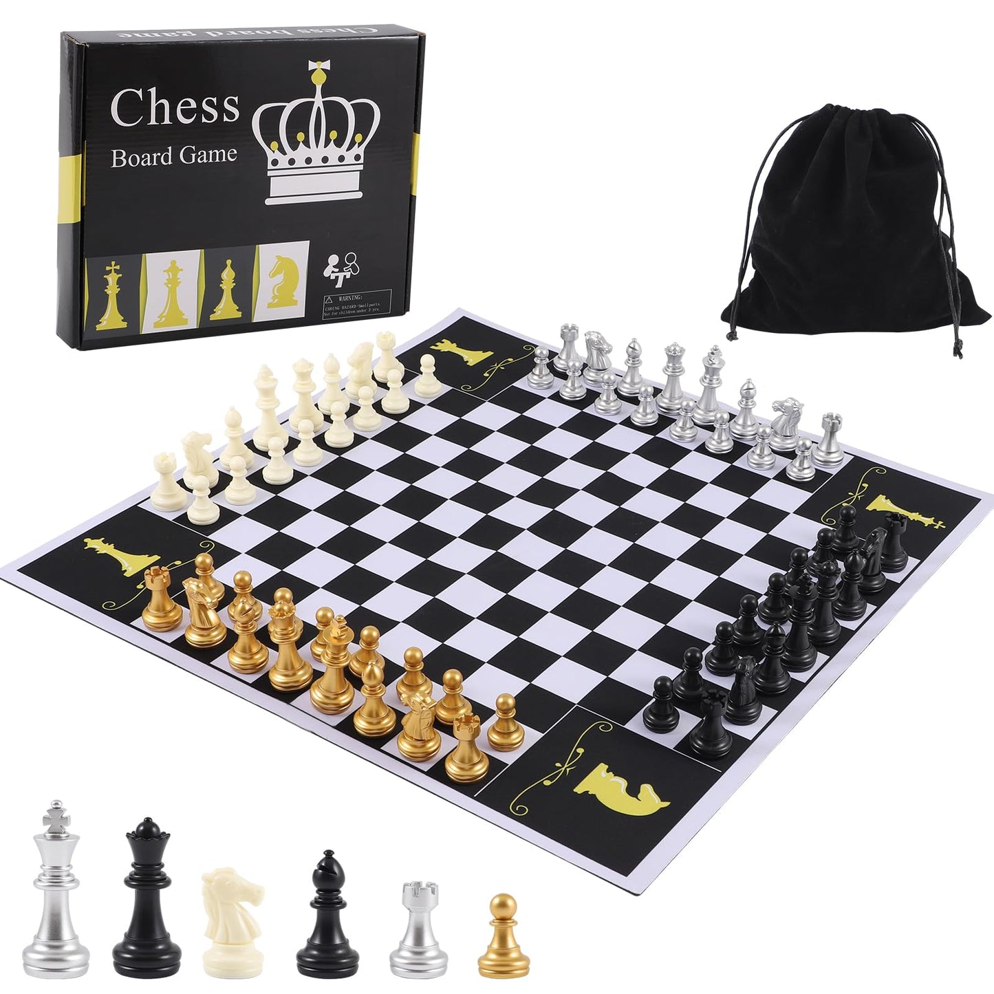 Jyquorp 4 Four Players Chess Board Game Four Person Chess Set Game Unique Team Chess Set Mouse Pad Material with 4 Sets of Chess Pieces (64 Pieces) 2-4 Person mature-themed Game Portable Game Set