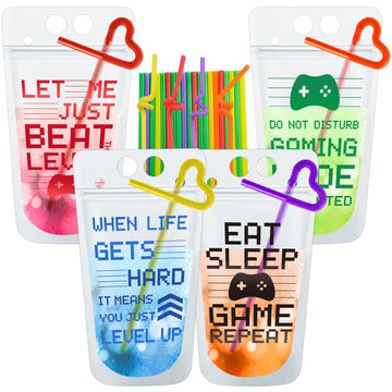Video Game Party Favors Drink Pouch Cups With Straws Plastic Drink Pouches Clear Zipper Bags Reusable Drink Pouches For Birthday