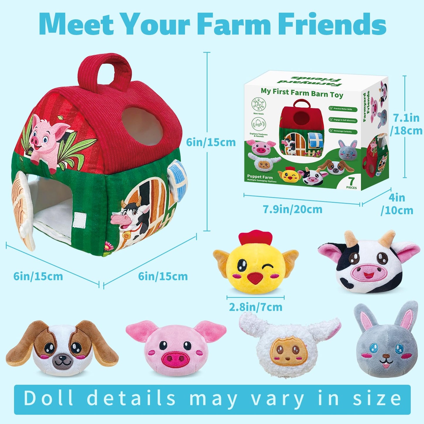 Elfew Farm Animal Baby Toys 6-12 Months, With 6 Small Plush Stuffed Farm Animals(Squeeze & Shake), Soft Toys For Toddlers, Monte