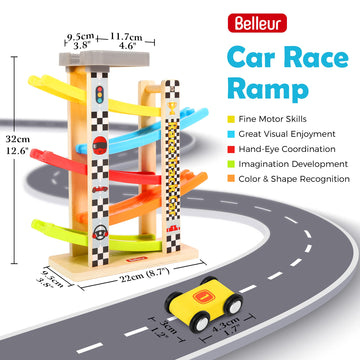 Belleur Montessori Toy for 1-3 Years Old Boys and Girls, Kid Wooden Race Track Car, Toddler Ramp Racer Set with 5 Mini Cars & 5