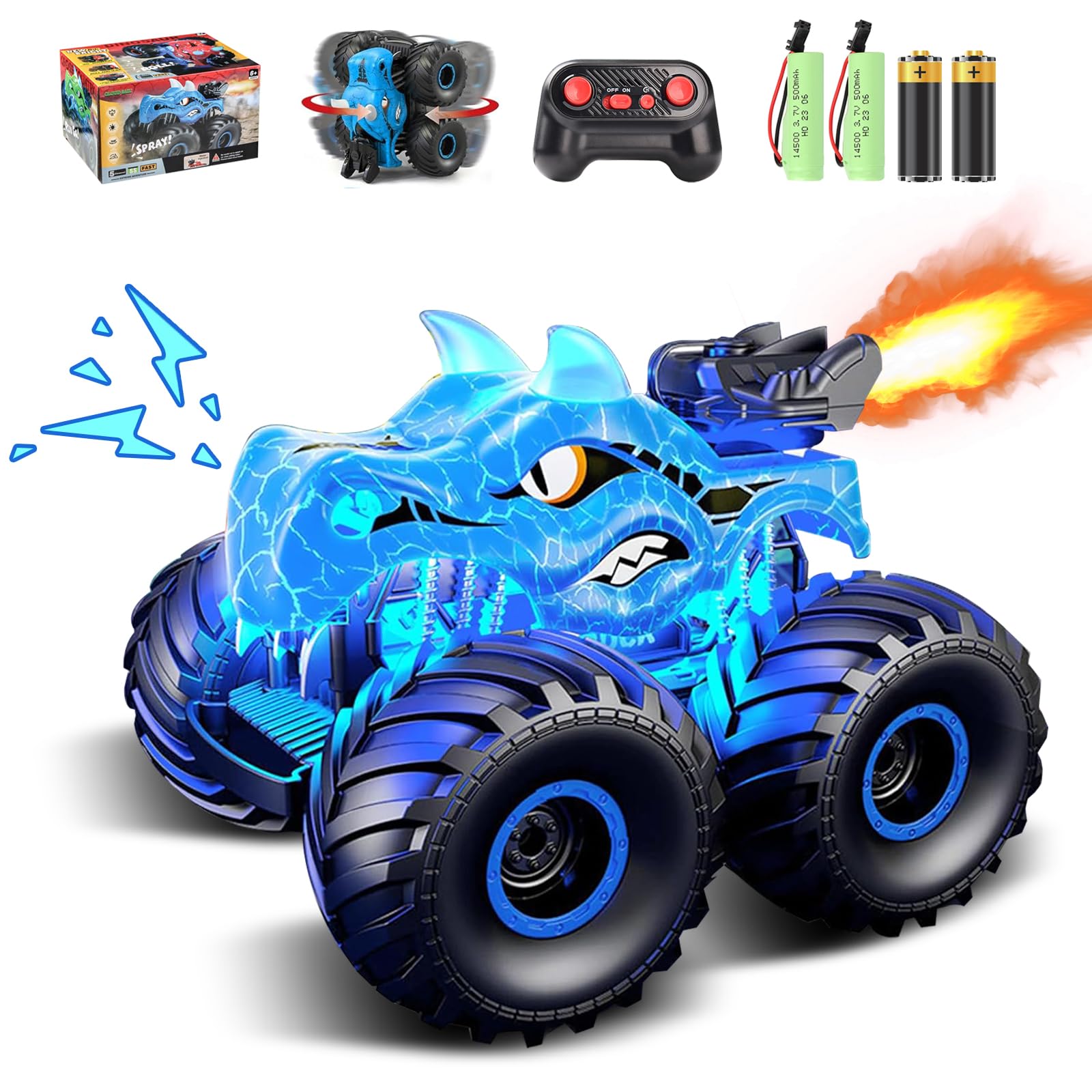 Cqutevind Remote Control Monster Truck, 2.4GHz RC Cars with Light, Sound & Spray, Monster Trucks for Boys Girls, All Terrain Din