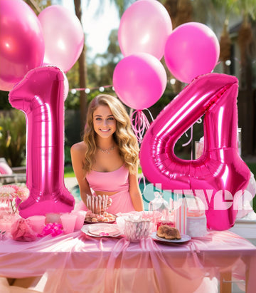 Suwen 40 Inch Hot Pink Large 14 Number Balloons Big Foil Helium Number Balloons 0-9 Jumbo Happy 14Th Mylar Birthday Party Decora